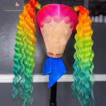 Preferovaný Hlboké Vlny Predné Čipky Parochne Brazílsky Remy Transparentnej Čipky Parochne Rainbow Farba Ružová Zelená Ombre Ľudské Vlasy, Parochne Pre Ženy