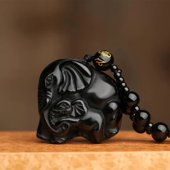 Prírodné Čierna Obsidián Ručne Vyrezávané Náhrdelník Cute Elephant Príležitostné Šťastie Prívesok Korálky Choker Šperky