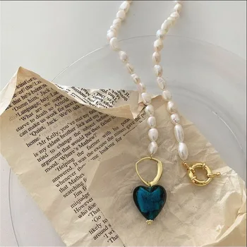 Retro Barokový Nepravidelné Prírodné Perlový Náhrdelník pre Ženy Modrá Zelená Farba Skla Srdce Prívesok Chokers Náhrdelník Svadobné Šperky