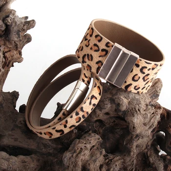 RH Módne 2.8 cm Kožené Armbander Magnetická Spona Reálne Leopard Horsetail Kožené Zábal Náramky Pre Ženy