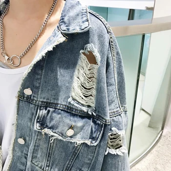 Rozštiepené Roztrhlo Otvor Denim Jacket Ženy Základný Náter Bombardéry Vintage Jeans bundy 2020 Jeseň Bežné Streetwear Hip Hop Outwear