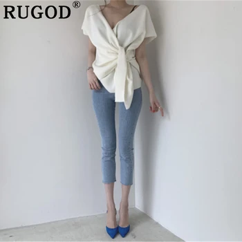 RUGOD Módne pletené ženy sveter kórejský elegantné Hlboko V krku krátky rukáv pevné sveter topy