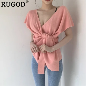 RUGOD Módne pletené ženy sveter kórejský elegantné Hlboko V krku krátky rukáv pevné sveter topy