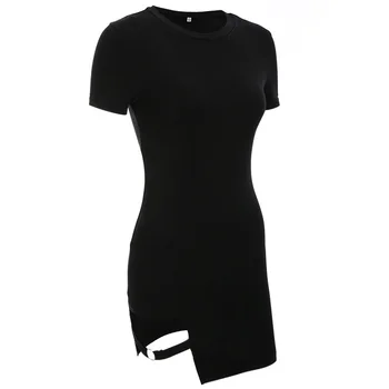 Sexi Čierne Šaty Pre Ženy Lete Krátky Rukáv Duté Sa Vestido 2020 Módne Asymetrické Kovový Krúžok Slim Bodycon Mini Šaty