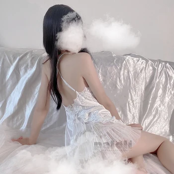 Sexy francúzsky Podväzkové Sleepwear pre Ženy Nightie Napodobniť Hodváb Duté Čipky Backless Biela Noc Šaty dámske Domáce Oblečenie