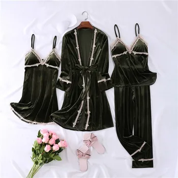 Sexy Lady Kimono Župan Šaty Sleepwear Velúrové 4PCS Nighty&Župan Vyhovovali Domáce Oblečenie na Jeseň Nové Velvet Nightgown Odev