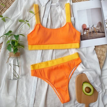 Sexy Športu Orange Spojov Bikini Vysoký Pás Plavky 2020 Ženy Plavky Dva kusy Kúpajúcich sa Ženy plavky Plávať Bikini Set