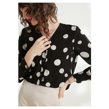 Silviye Polka dot vytlačené hodváb tričko ženy dlhý rukáv temperament V-neck fashion party klesnutie top blusas mujer de moda 2020