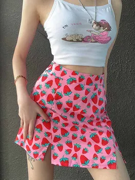 Sladké Jahody Grafické Tlače Pink Mini Sukne E-Dievča Leta Vysoký Pás Štrbinou Lem Sukne Sladké Roztomilý Y2k Dievčatá Módne Oblečenie