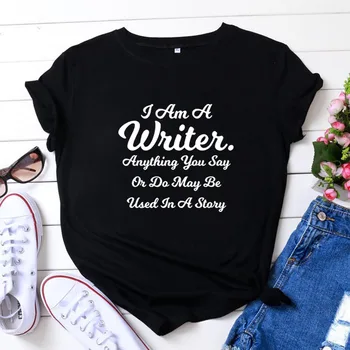 Som Spisovateľ T Shirt Ženy Bavlna Krátky Rukáv Tshirts Ženy O-krku Voľné Tee Tričko Femme Black White Camisetas Mujer Topy