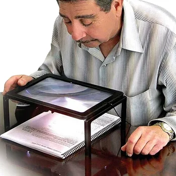Starší ľudia A4 Veľkosť Stola Typ Čítanie Loupe Zväčšovacie Sklo Podsvietený zväčšovacie sklo s 4pcs Svetlá LED Svetlá pre Starých Ľudí