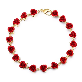 Strollgirl Hot Rose Gold Color Reťazí Romantický Náramok s Červeným Smaltom Rose Šperky Čo pre Ženy Darček, Doprava Zdarma
