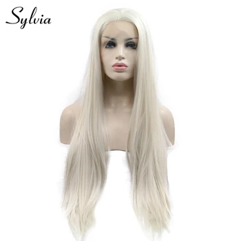Sylvia #60 Blond Biela Syntetické Parochne Čipky Front Strednej Časti Dlhé Hodvábne Rovné Tepelne Odolných Vlákien Vlasy Pre Ženy