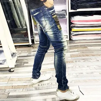 Taliansky Módny Mužov Džínsy Retro Modrá Slim Fit Kamufláž Našité Vrecko Dizajnér Hip Hop Rifle Mužov Streetwear Pozdĺžne Roztrhané Džínsy