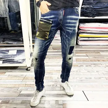 Taliansky Módny Mužov Džínsy Retro Modrá Slim Fit Kamufláž Našité Vrecko Dizajnér Hip Hop Rifle Mužov Streetwear Pozdĺžne Roztrhané Džínsy