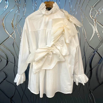 TWOTWINSTYLE Patchwork Ruched Biele Tričko Pre Ženy Stojan Dlhý Rukáv Bežné Elegantné Blúzky, Ženské Módne Oblečenie 2020 Lete