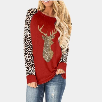 Vianočné Elk Tlač Topy Tee Ženy Leopard Sleeve T-shirt Bežné Ženské Dlhý Rukáv T Shirt 2020 Vianočné Top Domáce oblečenie