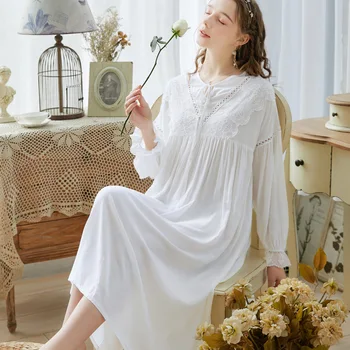 Vintage Sexy Sleepwear Ženy Bavlna palác Štýl Nightgown White V Krku Čipky Princezná Dlhé Nočné Šaty Plus Veľkosť spodnej bielizne