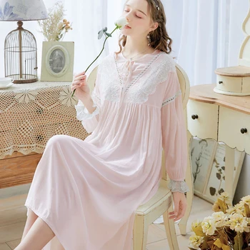 Vintage Sexy Sleepwear Ženy Bavlna palác Štýl Nightgown White V Krku Čipky Princezná Dlhé Nočné Šaty Plus Veľkosť spodnej bielizne