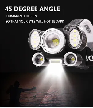 Vysoká Lumen XHP50+2T6+COB LED Svetlomet 9 Režimov Svetlometu Zoom Vedúci Svetlo Nepremokavé Hlavu Baterku s Červeným výstražným Svetlom