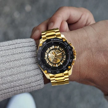 VÍŤAZ Vojenské Športové Mužov Automatické Mechanické Hodinky Top Značky Luxus Plný Oceľový Skelet Zlaté náramkové hodinky relogio masculino