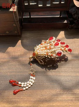 YZQ Feng Xi Ročník Originálne Handmade Plný Pearl Korálky Phoenix Vlasy Tiara s Dlhý Strapec Vlasy Palice Dynastie Ming Tiao Pai