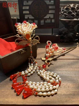 YZQ Feng Xi Ročník Originálne Handmade Plný Pearl Korálky Phoenix Vlasy Tiara s Dlhý Strapec Vlasy Palice Dynastie Ming Tiao Pai