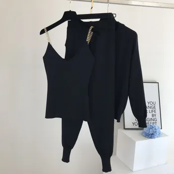 ZAWFL 2020 Jeseň Zima Tepláky Nové Sladké Reťazca Vesta Knitwear + Elastické Nohavice Tri-Dielna Sada Ženy Troch Kus Oblečenie