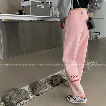 ZHISILAO List Tlač Ružová Rovné Džínsy s Vysokým Pásom Džínsové Nohavice Plus Veľkosť Širokú Nohu, Džínsy Streetwear Bežné Priateľ Džínsy 2020