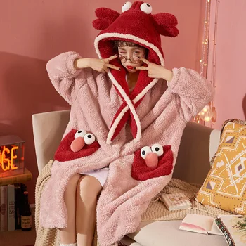 Zimné Pribrala Coral Fleece Nightgown Žena Cartoon Kapucňou Flanelové Pyžamo Ženy Sleepwear Pijama Domáce Oblečenie Пижамы