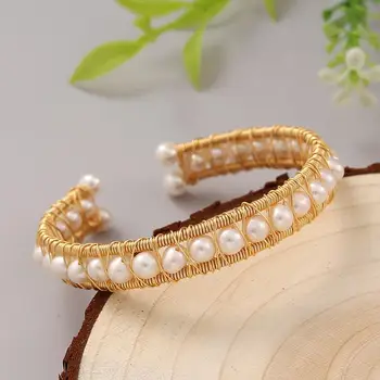 Zlato Drôt Reťazce Náramok Prírodné Sladkovodné Perly Náramok pre Ženy Nastaviteľné Otvoriť Perlový Náramok Baroková perla Náramok