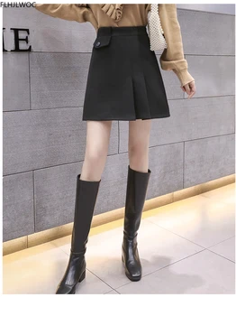 Čierne Mini Sukne Jeseň Zima Základné Nosenie All-Zápas Nový Dizajn Roztomilé Sladké Skladaný Ženy Pevné Vysoký Pás Sukne
