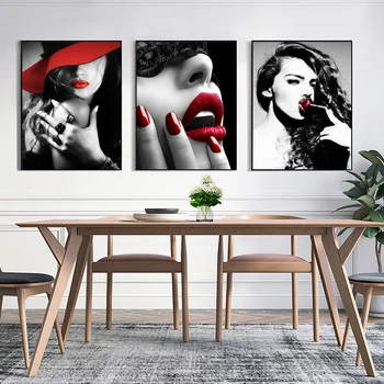 Žena Sexy Červené Pery Plagát na Stenu Umelecké Plátno na Maľovanie Nordic Stenu Obrázky, Obývacia Izba, Spálňa Decor Obraz Krásy Art Print