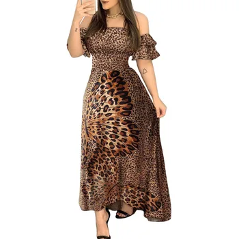 Ženy Elegantné Mimo Ramenný Tlačené Šaty Nové Letné Vintage Leopard Motýľ Vzor Krátky Rukáv Vysoký Pás Dlhé Maxi Šaty