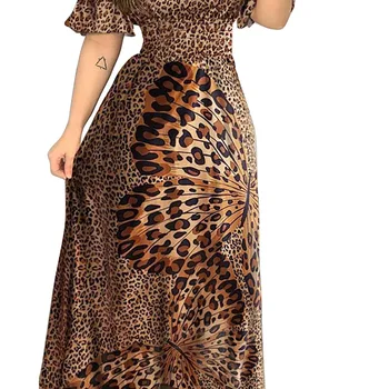 Ženy Elegantné Mimo Ramenný Tlačené Šaty Nové Letné Vintage Leopard Motýľ Vzor Krátky Rukáv Vysoký Pás Dlhé Maxi Šaty