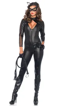 Ženy Sexy Racing Tesný Zips Faux Kožené Jumpsuit Halloween Cosplay Catwoman Kostým Mačka Ženy Cosplay Jumpsuit