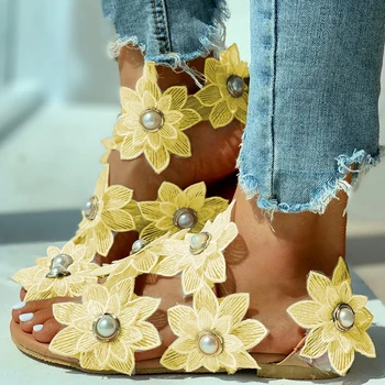 Ženy Voľný Čas Sandále Bohemia Štýl Letné Topánky Pláži Dovolenku Komfortné Ploché Módne Sandále Otvorené Prst Pearl Flower Sandále